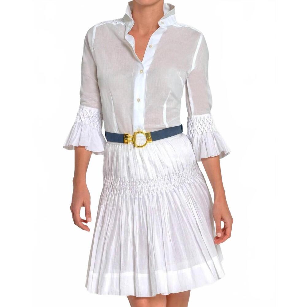 Gretchen Scott Designs White Button-Front Blouse with Smocked Ruffle Sleeves